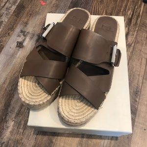 Taupe/Green leather espadrille sandals.